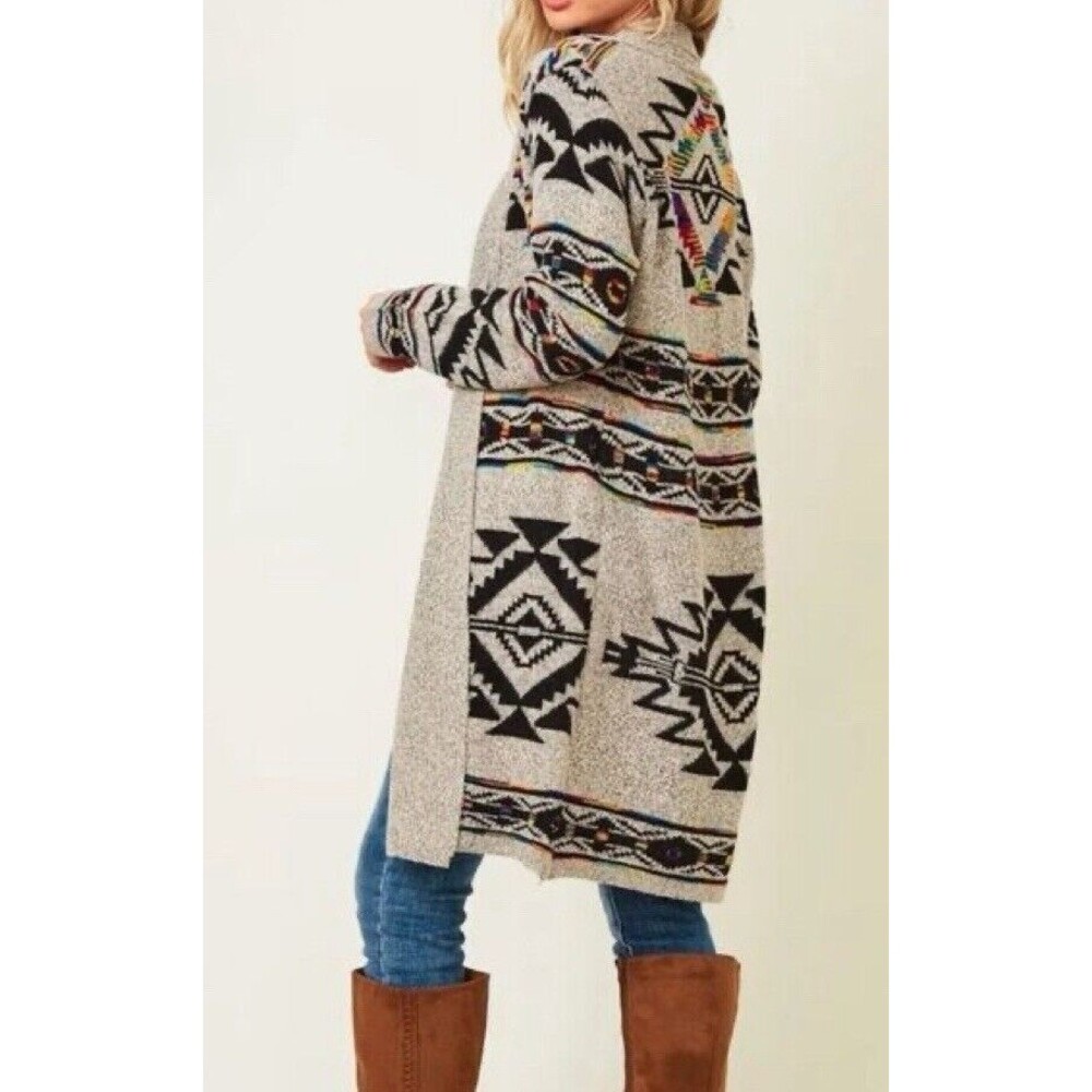 Northern Angel Cardigan Aztec Rainbow Boho Open Front long Sweater Coat Size-S